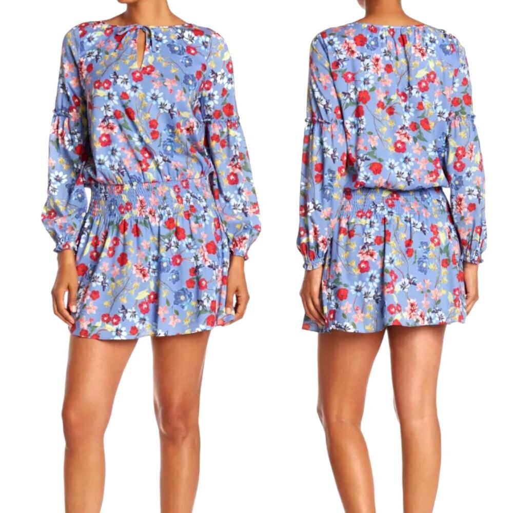 Parker Floral Smocked Waist Key Hole Ruffle Long Sleeve Dress Periwinkle Medium - Picture 14 of 14